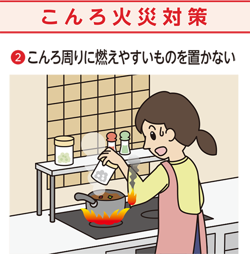 コンロ火災対策②コンロ周りに燃えやすいものを置かない